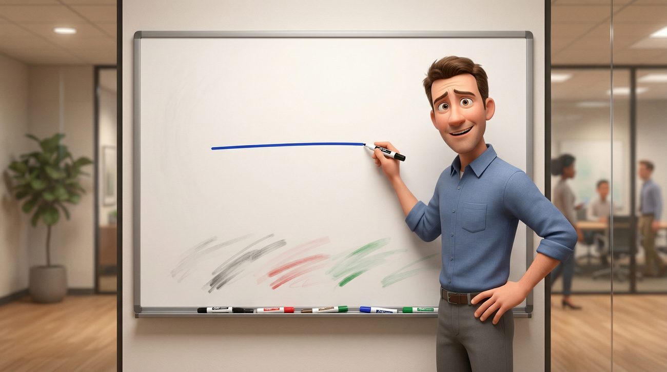 Cartoon-style illustration of an office worker testing whiteboard markers at a meeting room whiteboard, with faded streaks from dried-out markers on the tray below.