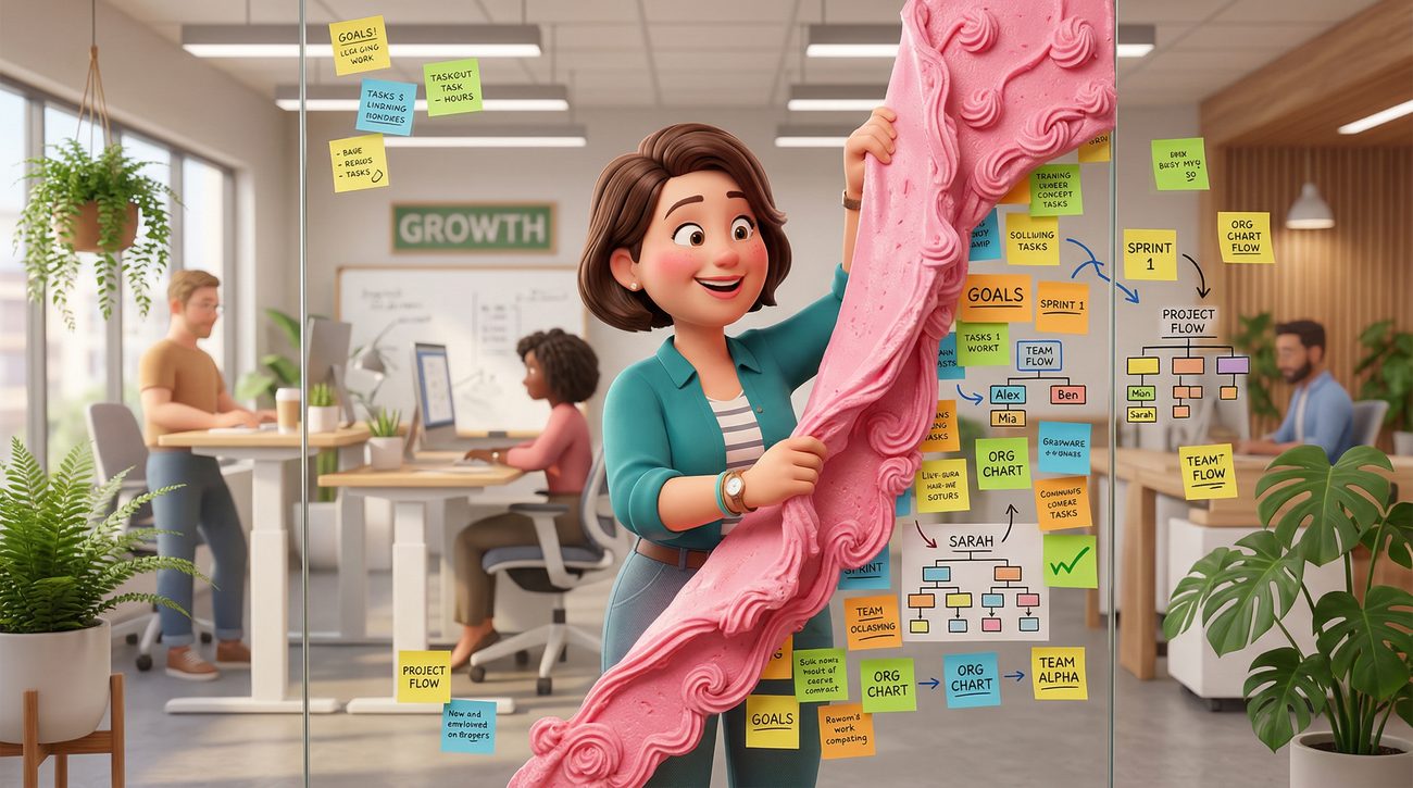 Cartoon-style illustration of a woman peeling decorative frosting off an office wall to reveal the real org chart underneath, representing Teresa Lilly's view that culture is decisions not events, HR Influence Awards 2026