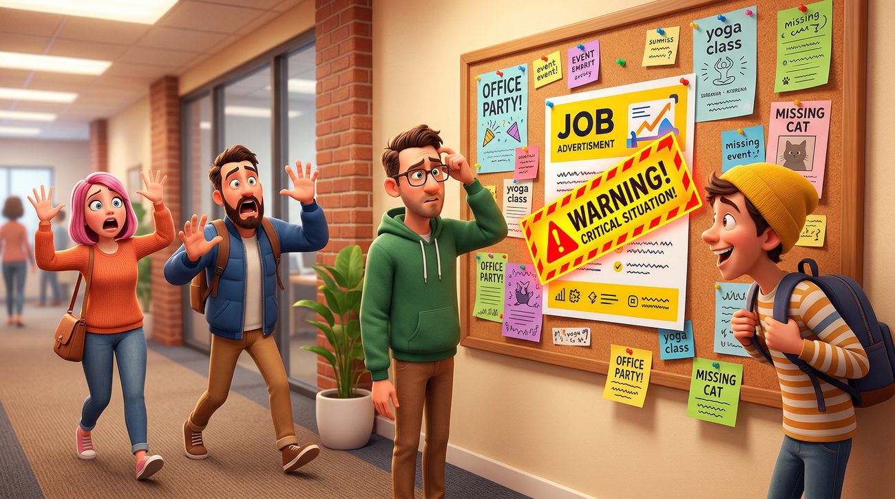 Cartoon-style illustration of job seekers reacting with surprise to a job advertisement with a large warning label posted on an office noticeboard.