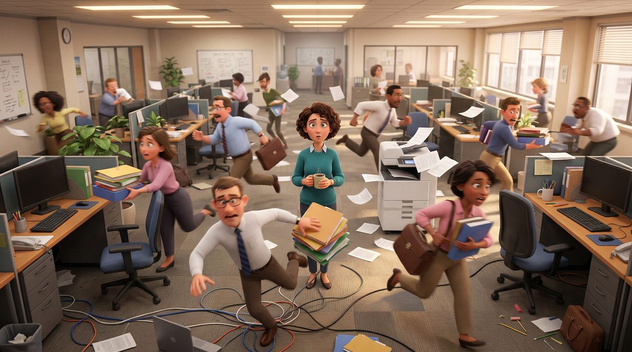 Cartoon-style illustration of a chaotic open-plan office with workers rushing in every direction while papers fly through the air.
