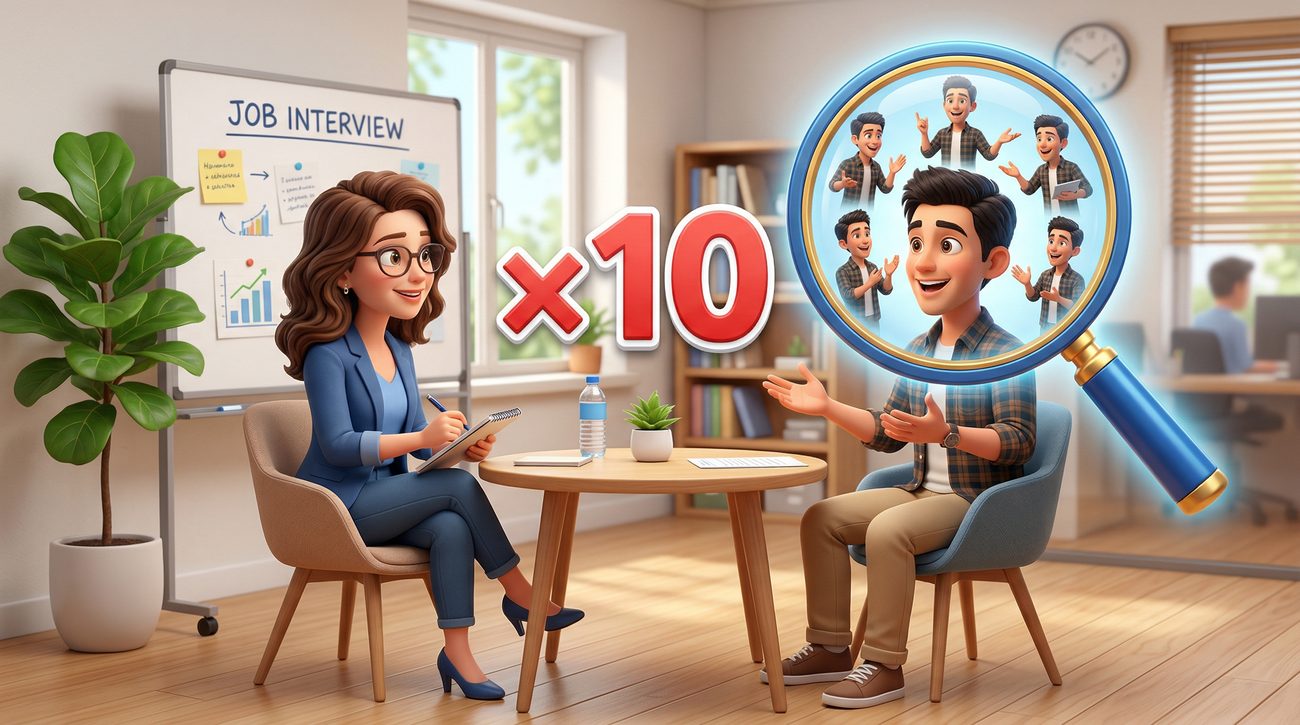 Cartoon-style illustration of a job interview with a magnifying glass and ×10 symbol showing amplified candidate behaviour, representing Teresa Lilly's hiring red flag rule, HR Influence Awards 2026