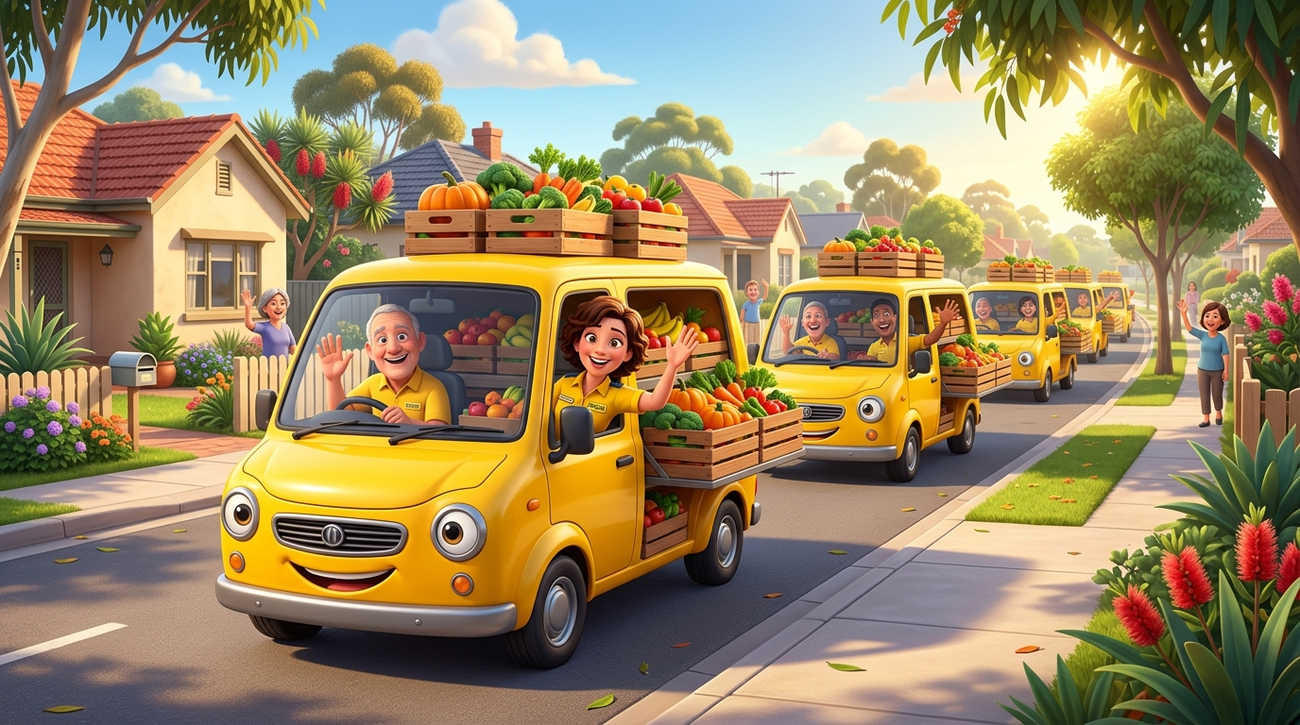 Cartoon-style illustration of a fleet of yellow food rescue vans driving through an Australian suburban street, with smiling drivers in yellow uniforms waving from the windows and crates of fresh fruit and vegetables loaded on top.