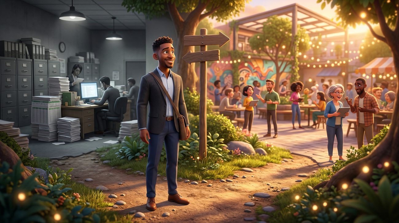 Cartoon-style illustration of a professional standing at a crossroads between a grey office filled with spreadsheets and a vibrant outdoor space filled with diverse people collaborating