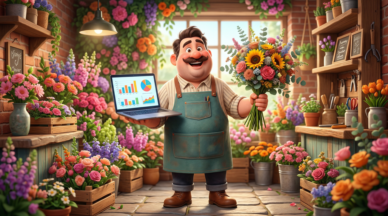 Cartoon-style illustration of a man with a moustache in a flower shop holding a bouquet and a laptop showing data charts, representing Edan Haddock's journey from florist to HR leader