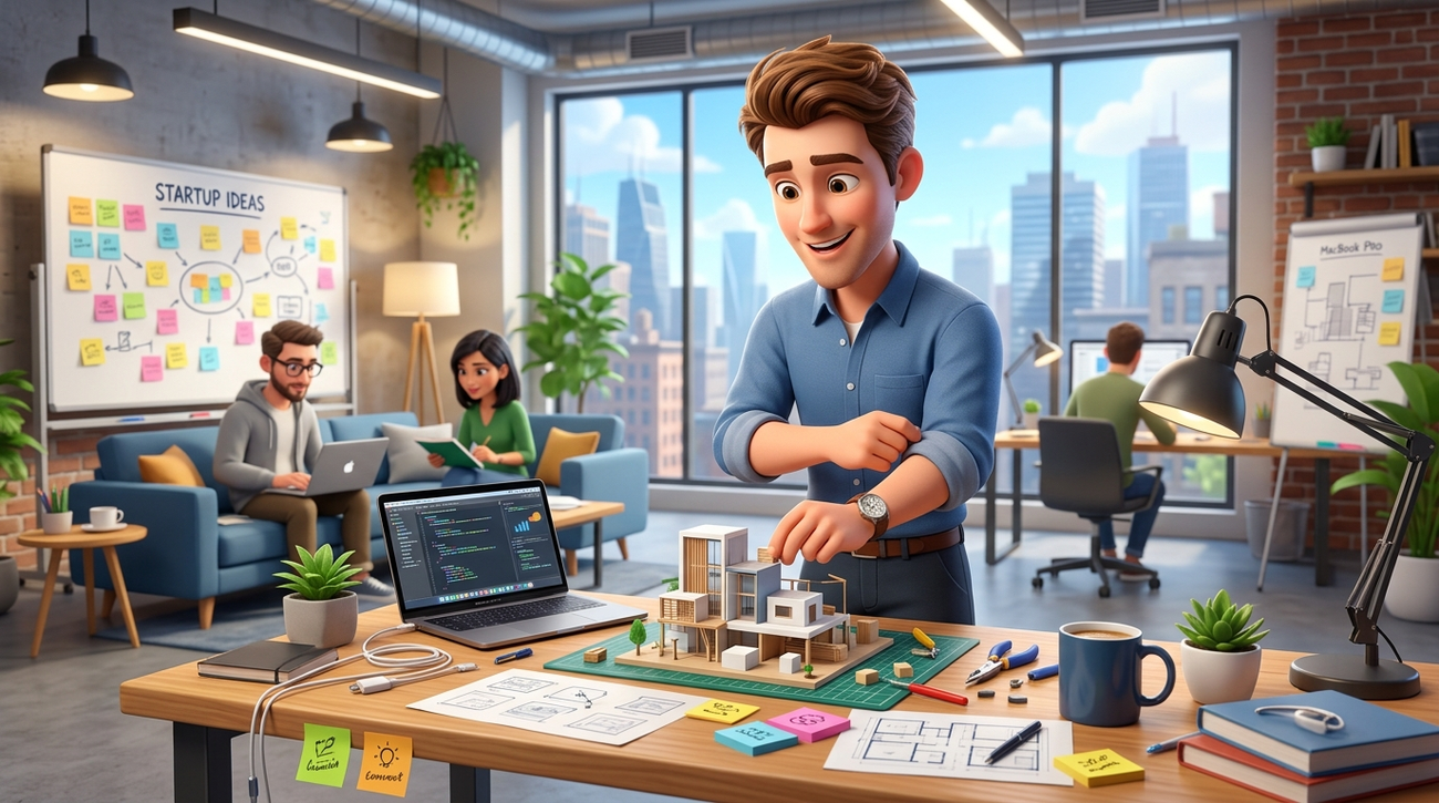 Cartoon-style 3D animated illustration of a young professional building something from scratch in a vibrant startup office with whiteboards and sticky notes.