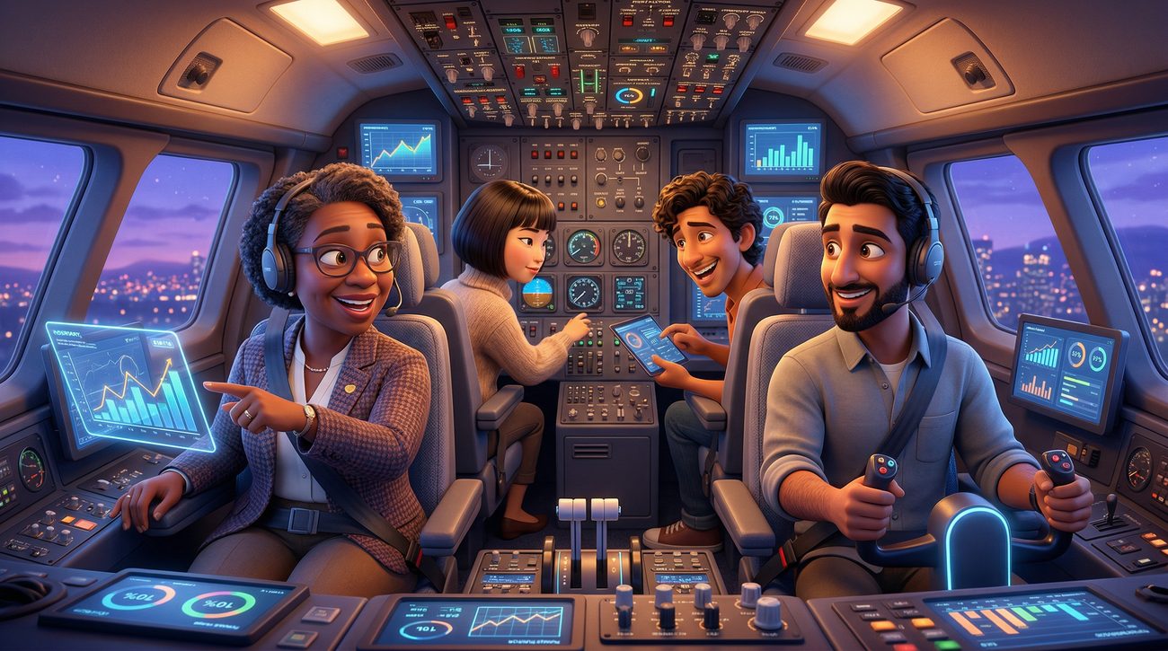 Cartoon-style illustration of diverse office workers sitting together in an aeroplane cockpit, studying glowing dashboards displaying company performance metrics