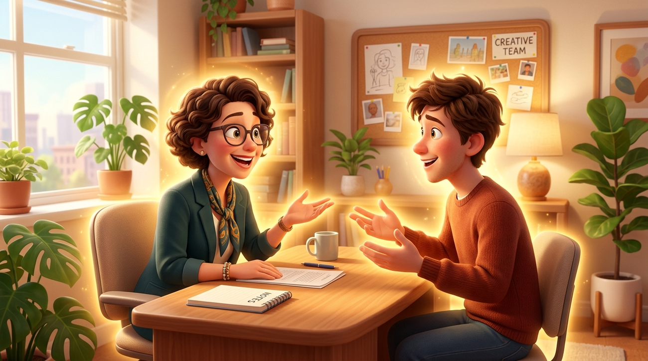 Cartoon-style illustration of a warm, sunlit hiring interview where a manager and candidate share an animated conversation across a desk, both glowing with the energy of a genuine connection.
