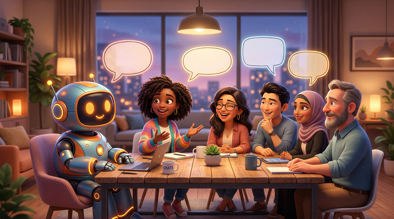 Cartoon-style illustration of a friendly robot sitting at a table listening to a diverse group of people sharing their stories in a warm office setting