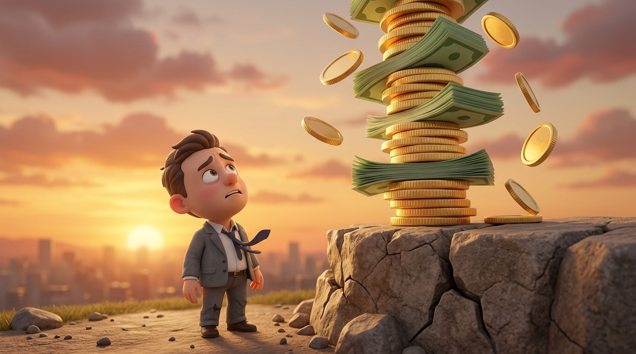 Cartoon-style 3D animated illustration of a concerned figure looking up at an unstable tower of coins and banknotes on a cracked foundation, representing unstructured compensation risk.