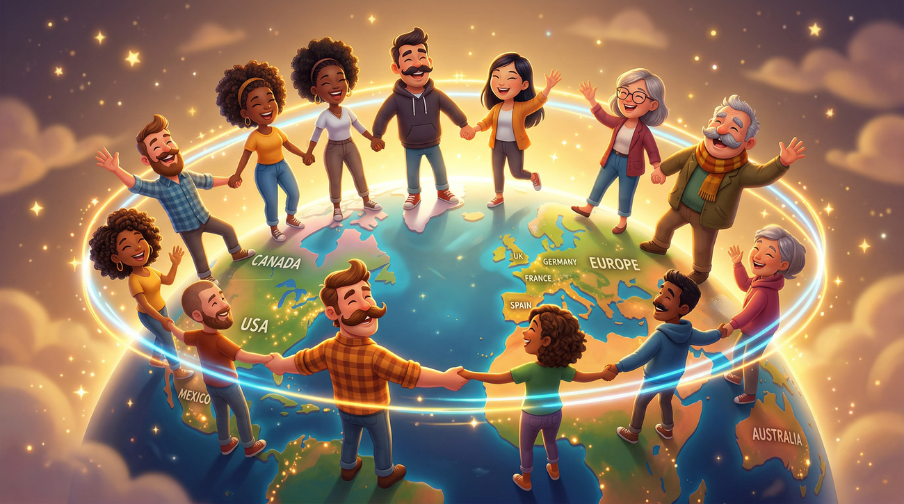Cartoon-style illustration of a diverse group of people with moustaches standing together on a globe, connected across countries, representing Movember's global community
