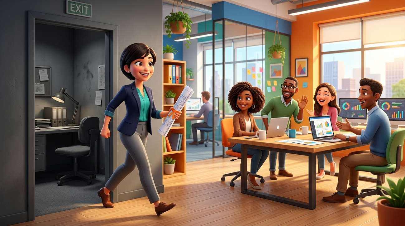 Cartoon-style 3D animated illustration of a professional stepping from a dim back office into a bright colourful workspace holding a strategy document, representing HR moving into a visible role.