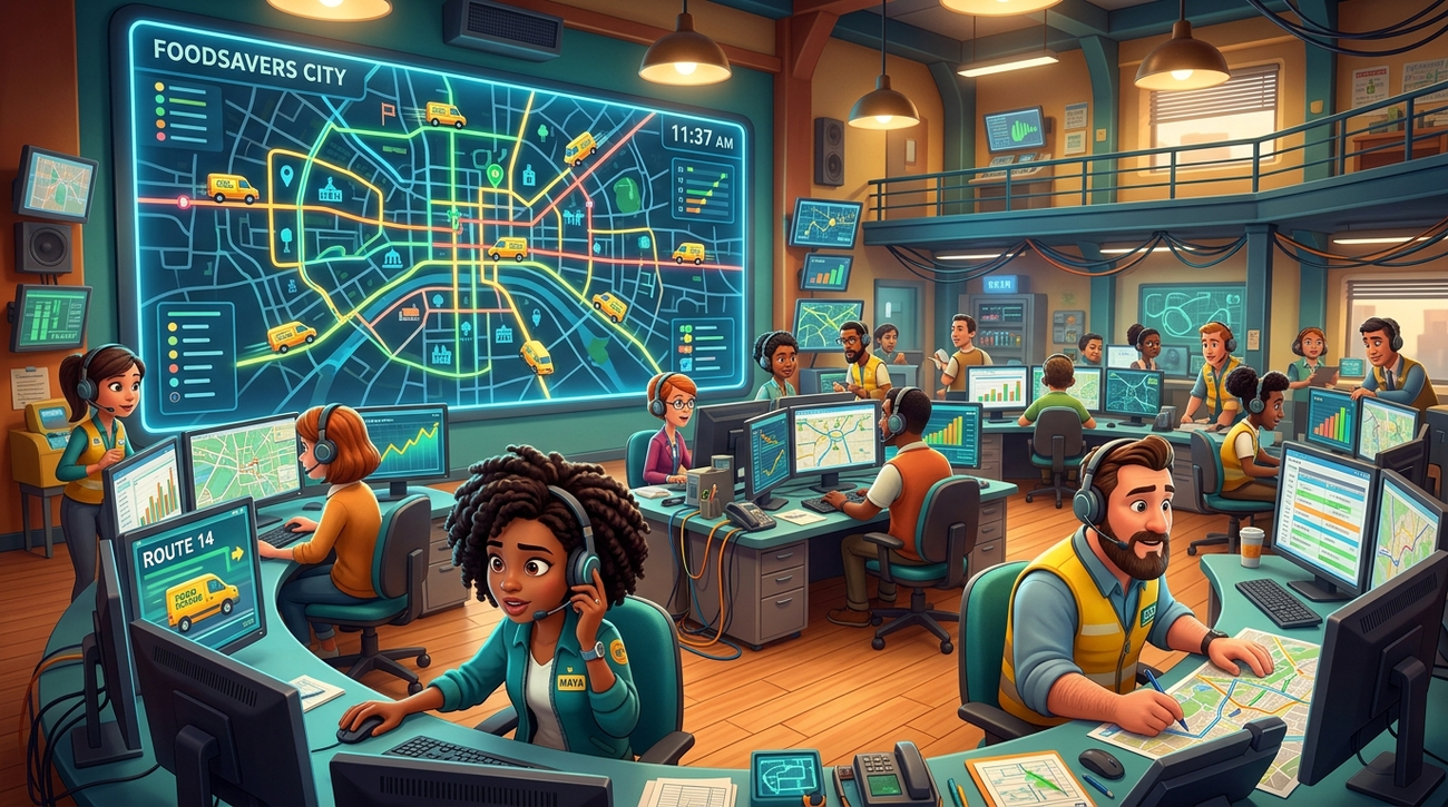 Cartoon-style illustration of a busy food rescue coordination room with team members wearing headsets at screens showing city maps and delivery routes, managing the logistics of dozens of yellow vans across the city.